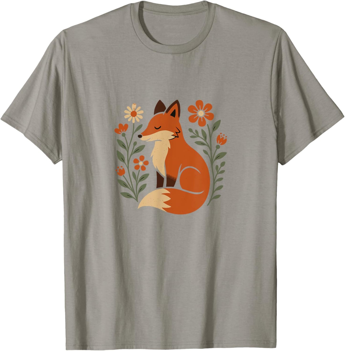 Cute Folk Art Fox with Flowers Nature Design T-Shirt - T-Shirt | Sand