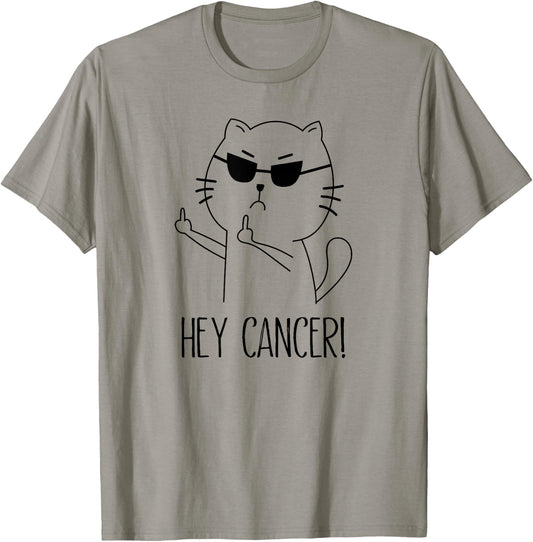 Hey Cancer F U, Funny Cat Middle Finger, F#ck Cancer T-Shirt - T-Shirt | Sand