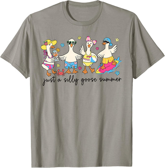 Just A Silly Funny Goose Summer Funny Retro Beach Vibes T-Shirt - T-Shirt | Sand