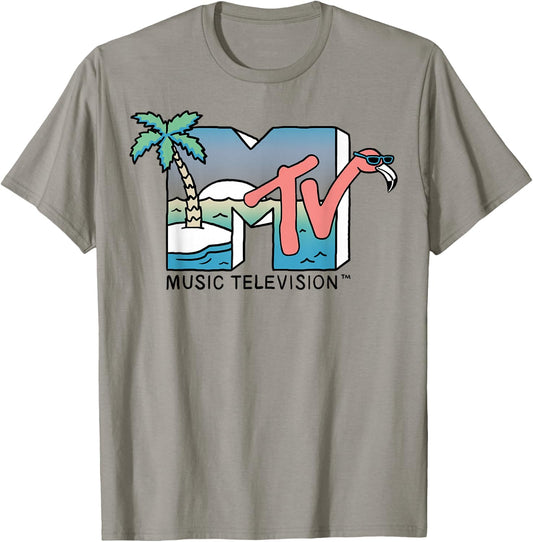 MTV Beachy Flamingo Scene Retro Logo Graphic T-Shirt - T-Shirt | Sand