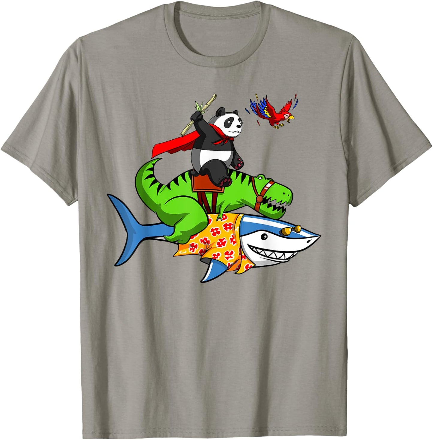 Panda Bear And T-Rex Dinosaur Riding Shark Funny Animals T-Shirt - T-Shirt | Sand