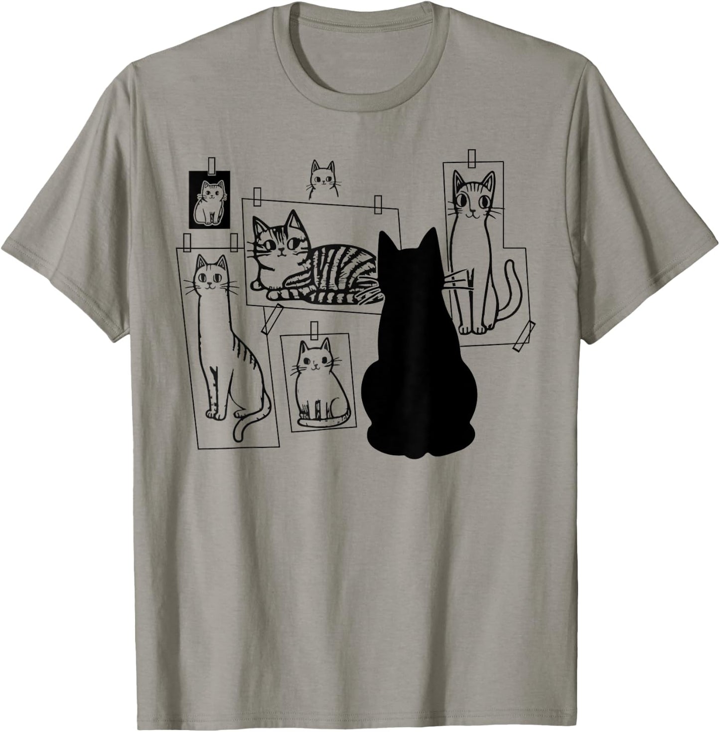 Cat Gallery Black Cat Gazing at Primitively Drawn Cats T-Shirt - T-Shirt | Sand