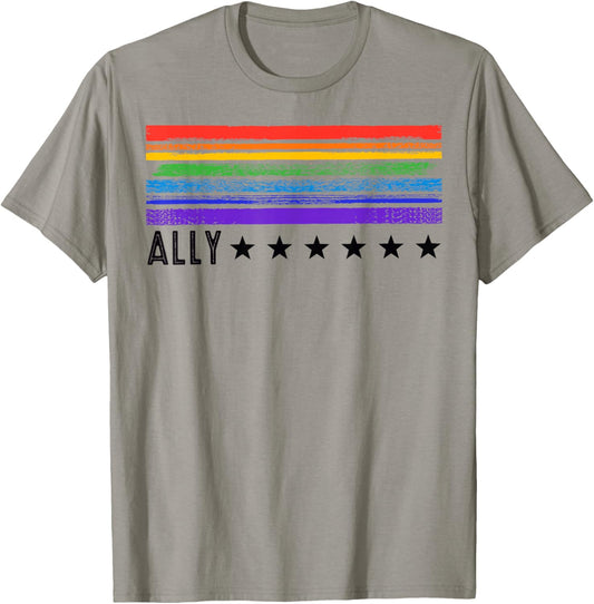 Retro LGBTQ Ally Pride Month Rainbow Stars LGBT Flag T-Shirt - T-Shirt | Sand