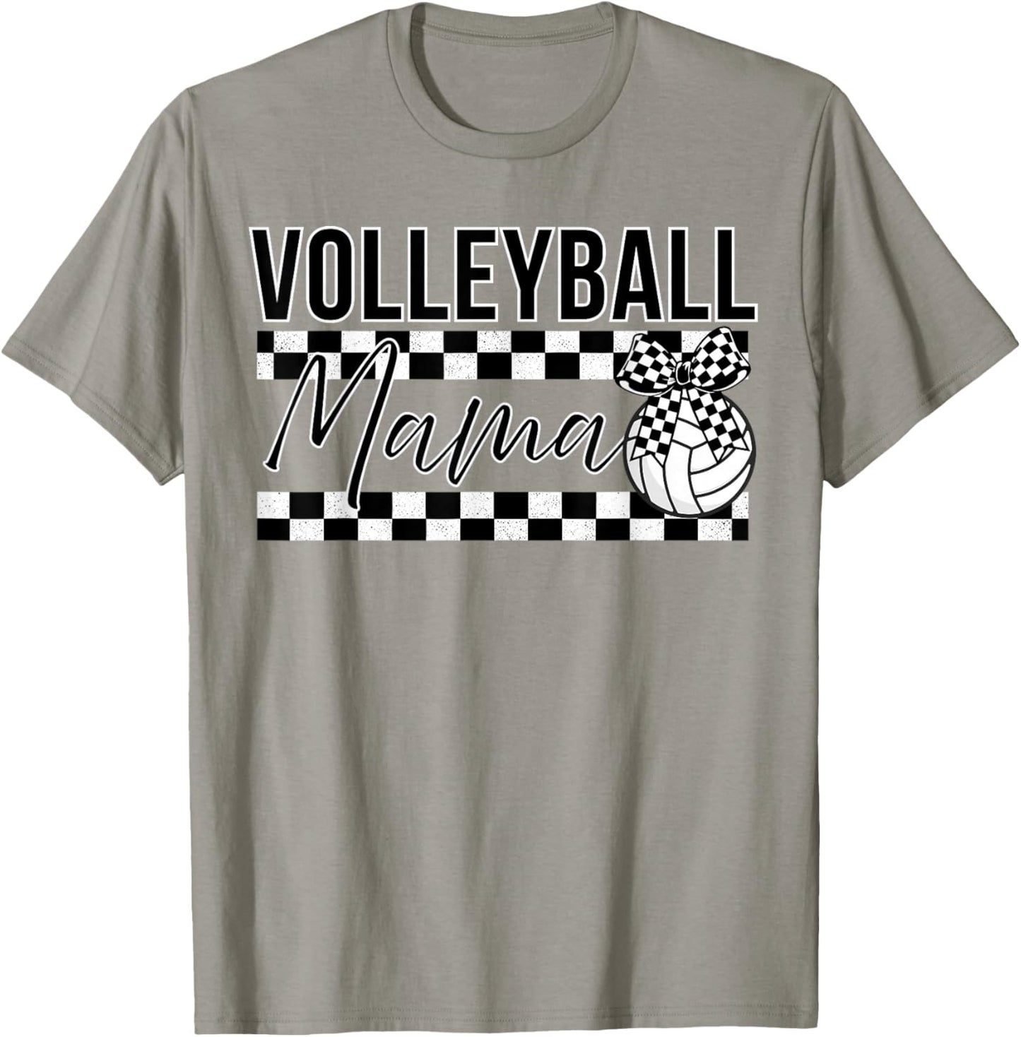 Black and White Checkered Bow Ribbon Pattern Volleyball Mama T-Shirt - T-Shirt | Sand