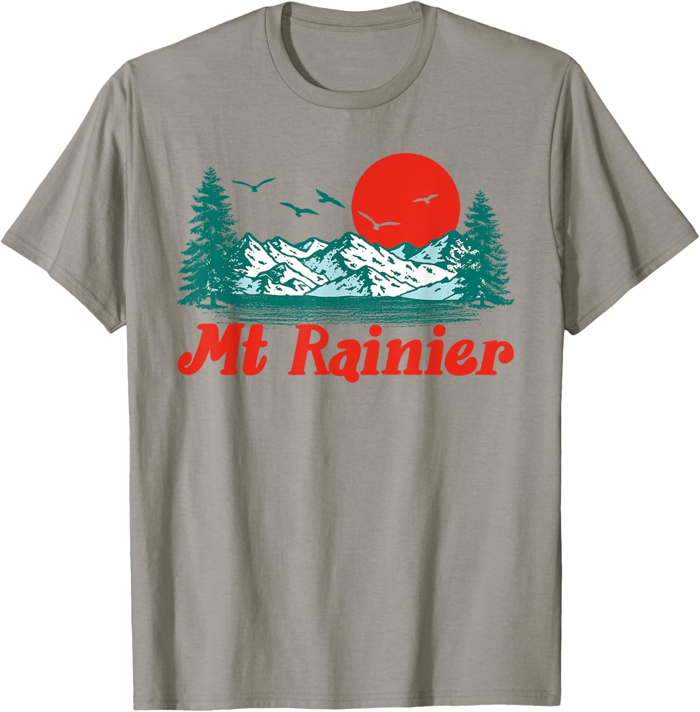 Retro Mt Rainier Mountain Trees & Sun Scene Graphic T-Shirt - T-Shirt | Sand