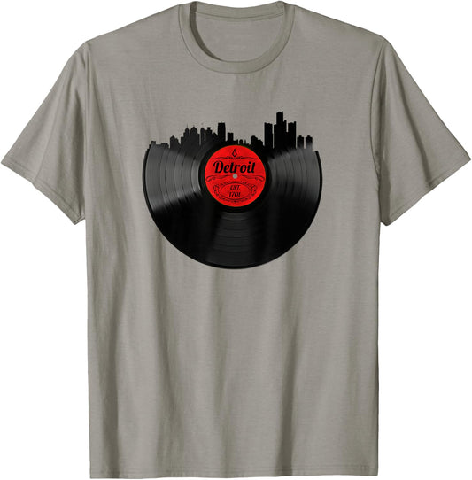 Detroit Shirt Vintage Michigan Skyline Vinyl Record Shirt T-Shirt - T-Shirt | Sand