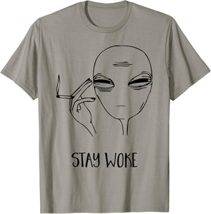 STAY WOKE Cool Smoking Alien T Shirt Area 51, I Believe UFO T-Shirt - T-Shirt | Sand