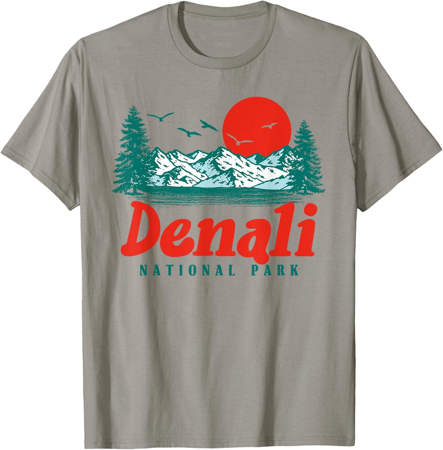 Retro Denali National Park Mountain Trees & Sun Graphic T-Shirt - T-Shirt | Sand