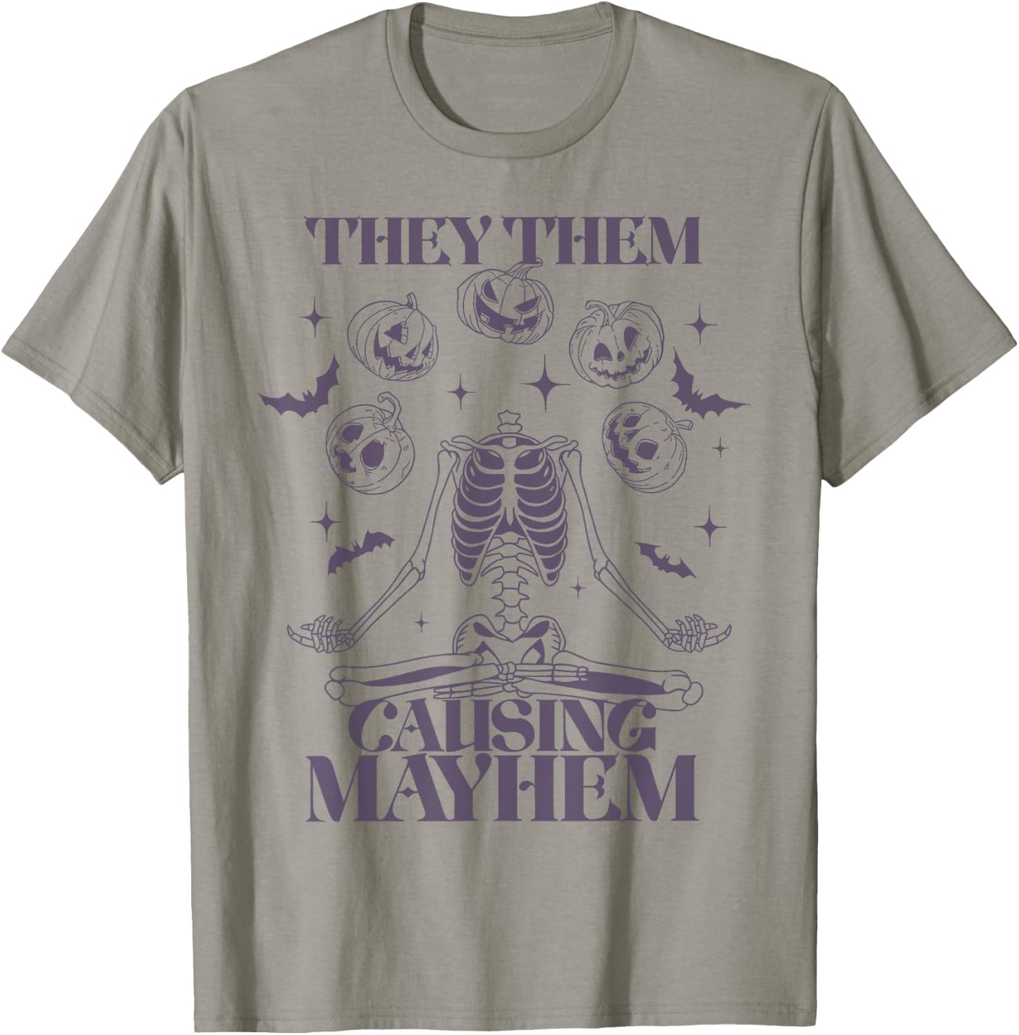 They Them Causing Mayhem Skeleton Boho Halloween Non Binary T-Shirt - T-Shirt | Sand