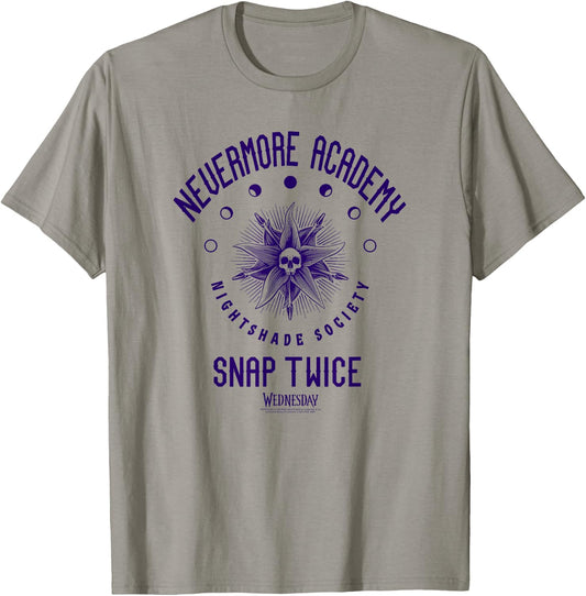 Wednesday Nevermore Academy Snap Twice Celestial Collegiate T-Shirt - T-Shirt | Sand