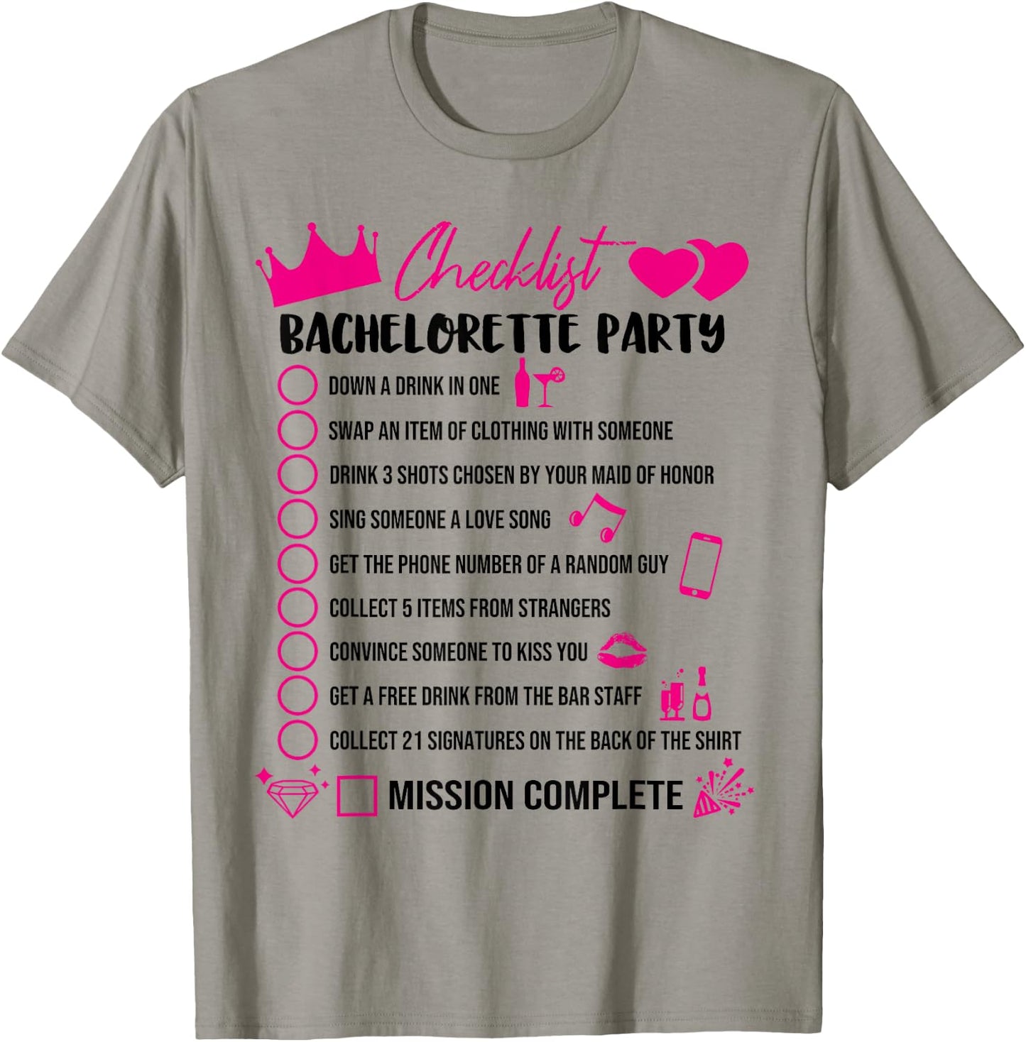 Bachelorette Party Checklist Game Girls Night Out Bride Fun T-Shirt - T-Shirt | Sand