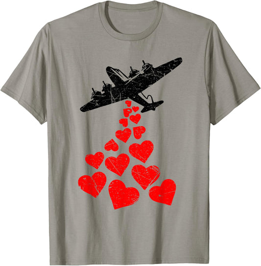 Love From Above Retro Bomber Plane Dropping HeartsStreetart T-Shirt - T-Shirt | Sand