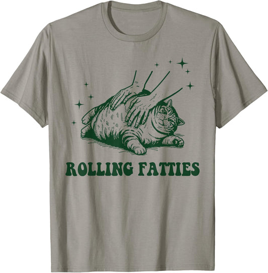 Rolling Fatties Cat Funny Cute Cat Lover Kitten Owner -Adults Grey , Short Sleeve, Small T-Shirt - T-Shirt | Sand