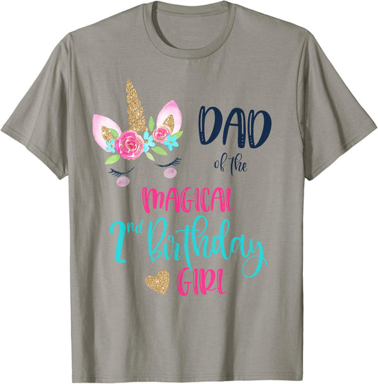 Unicorn Dad of the 2nd Birthday Girl Shirt Matching Papa T-Shirt - T-Shirt | Sand