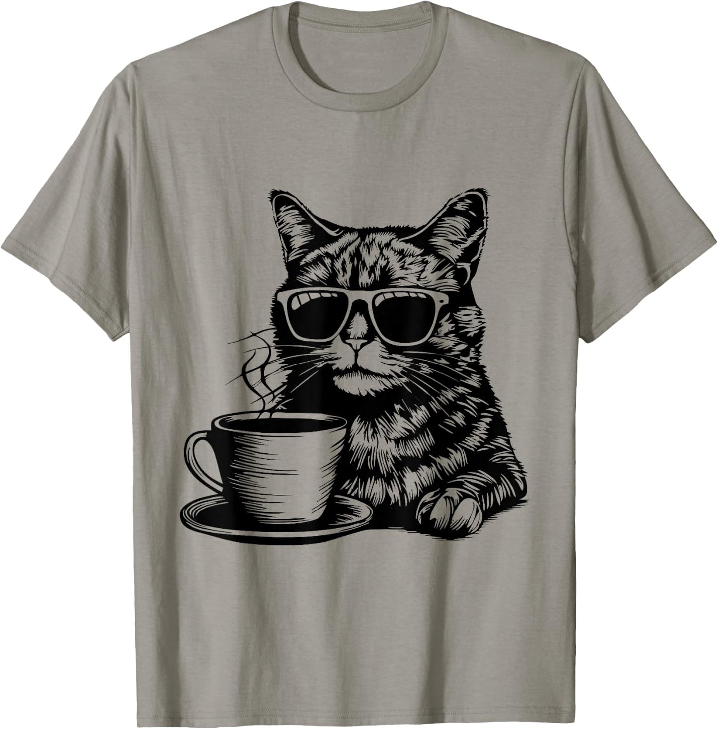 Cat Drinking Coffee | Fun and Quirky Feline Art Design T-Shirt - T-Shirt | Sand