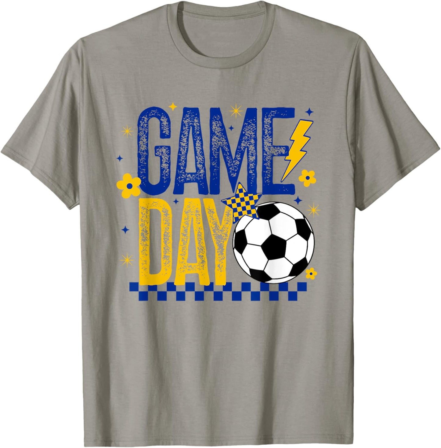 Game Day Soccer Season Retro Blue Gold Checkered Lightning T-Shirt - T-Shirt | Sand