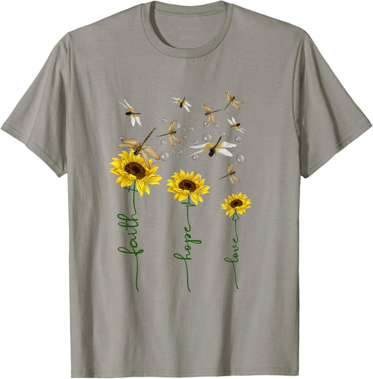 Faith Hope Love Sunflower Dragonfly Christian Gift T-Shirt - T-Shirt | Sand