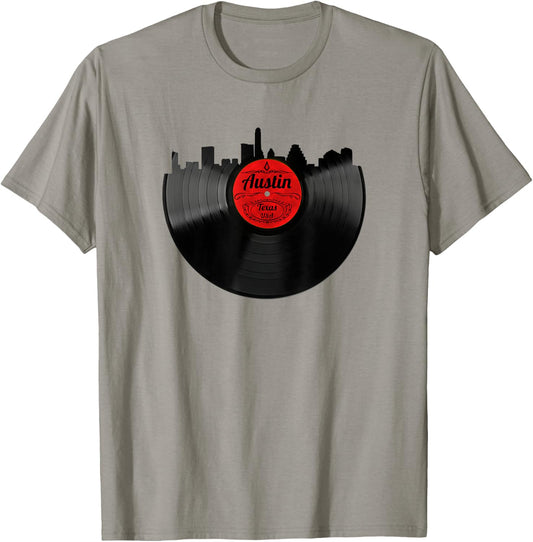 Austin Texas Vinyl Record Shirt Hipster Austin Skyline Shirt T-Shirt - T-Shirt | Sand