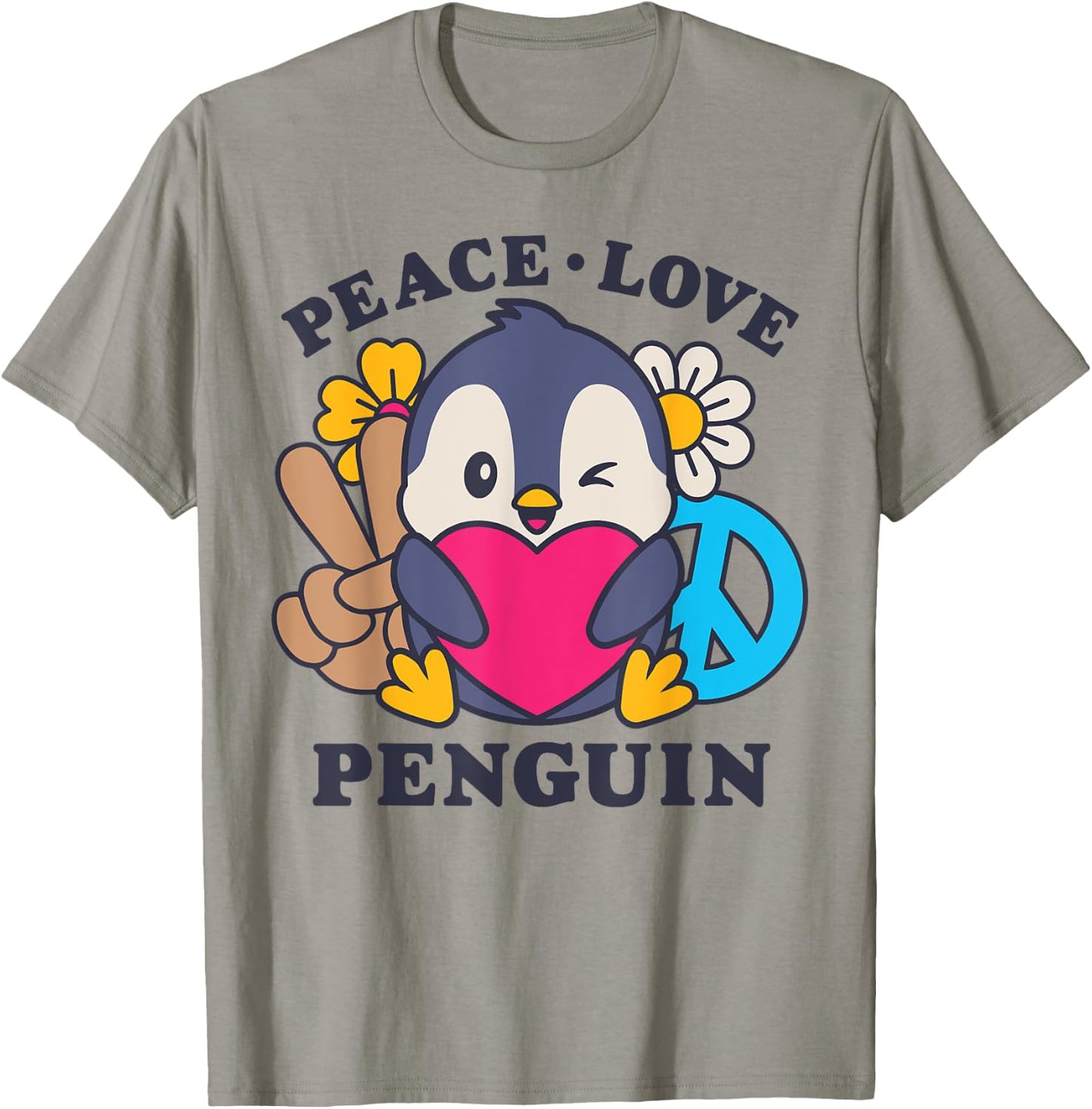 Peace Love Penguin Lovers Men Women Cute Bird Flowers Floral T-Shirt - T-Shirt | Sand