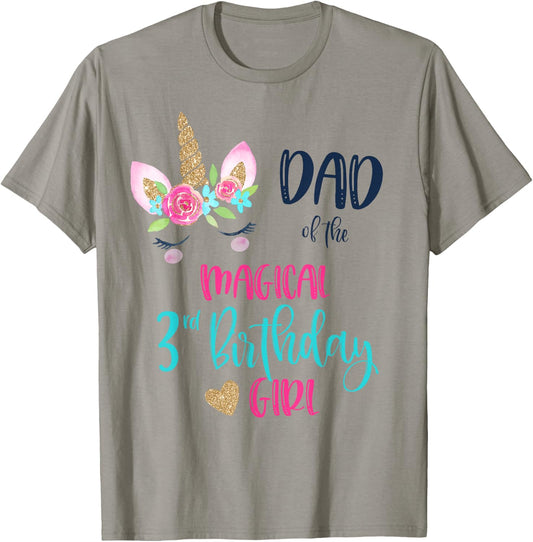 Unicorn Dad of the 3rd Birthday Girl Shirt Matching Papa T-Shirt - T-Shirt | Sand