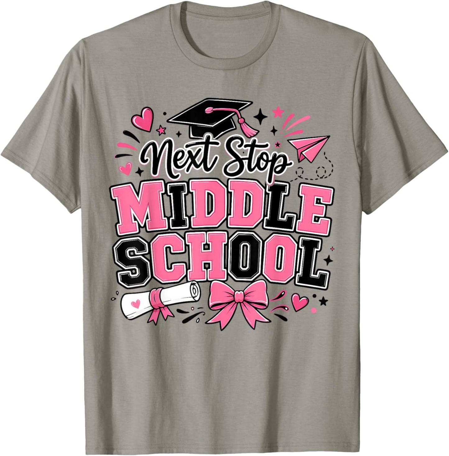 Next Stop Middle School 5th Grade Graduation Pink Bow Girl T-Shirt - T-Shirt | Sand
