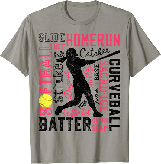 Softball Typography Word Art Funny Batter Pitcher Catcher T-Shirt - T-Shirt | Sand