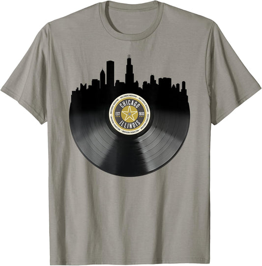 Chicago Illinois Vintage City Skyline Vinyl Record T-Shirt - T-Shirt | Sand