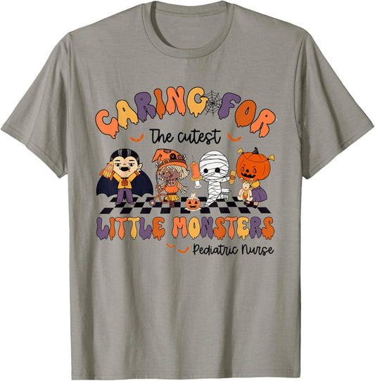Caring For The Cutest Little Monsters Peds Nurse Halloween T-Shirt - T-Shirt | Sand