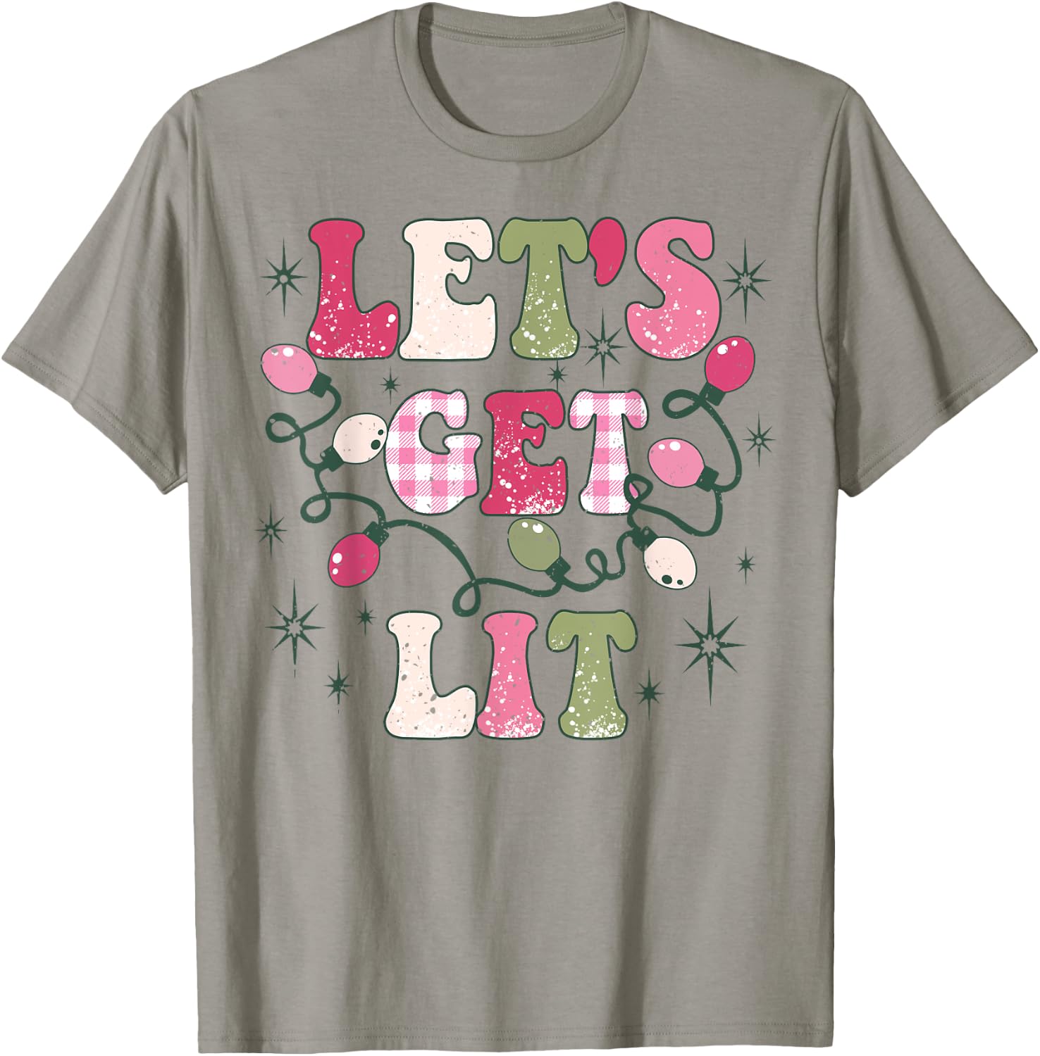 Let's Get Lit Drinking Santa Hat Christmas Lights Funny T-Shirt - T-Shirt | Sand