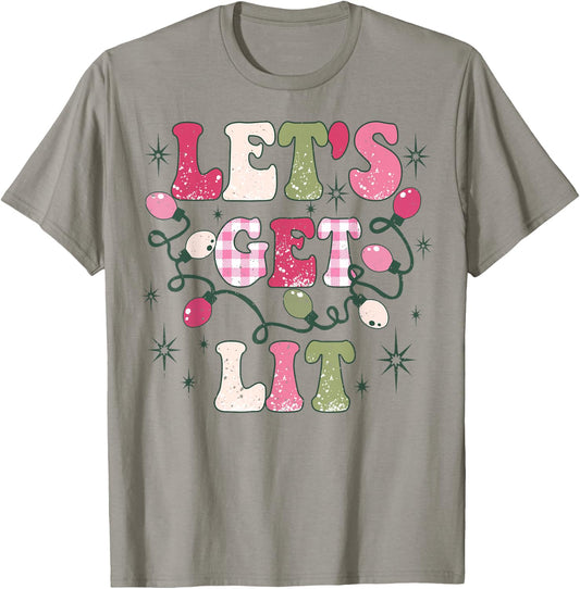 Let's Get Lit Drinking Santa Hat Christmas Lights Funny T-Shirt - T-Shirt | Sand