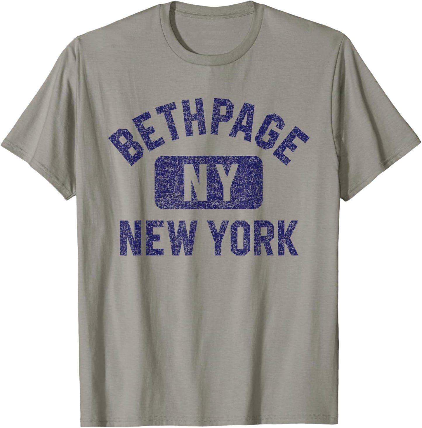 Bethpage NY New York Gym Style Distressed Dark Blue Print T-Shirt - T-Shirt | Sand