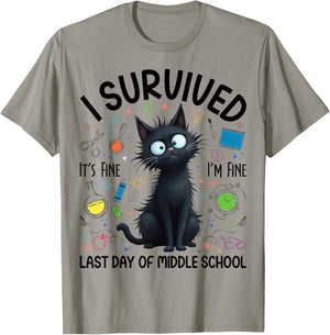 I Survived Last Day Of Middle School Teacher Funny Cat T-Shirt - T-Shirt | Sand