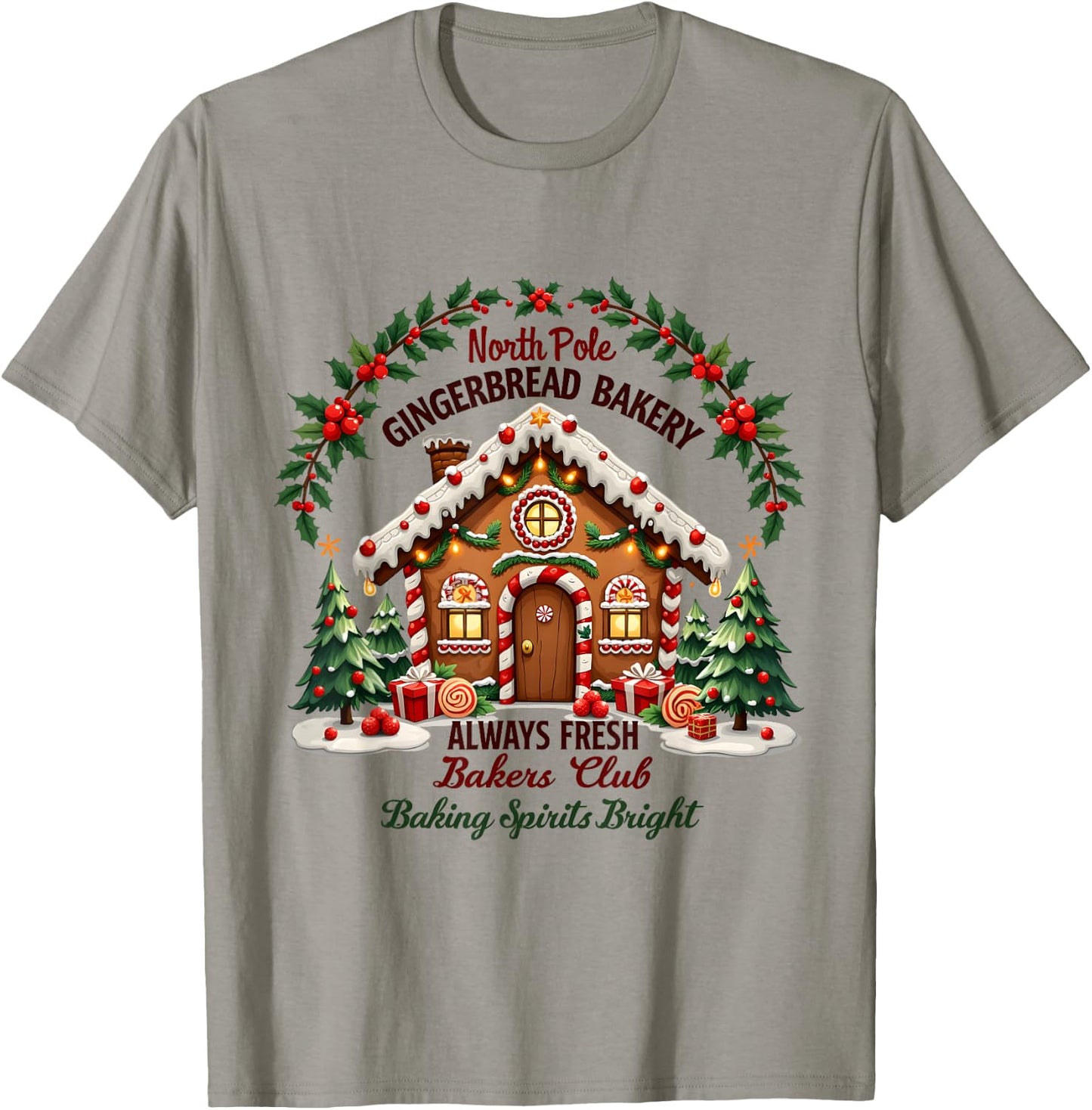 Xmas North Pole Gingerbread Bakery Baking Spirits Bright T-Shirt - T-Shirt | Sand