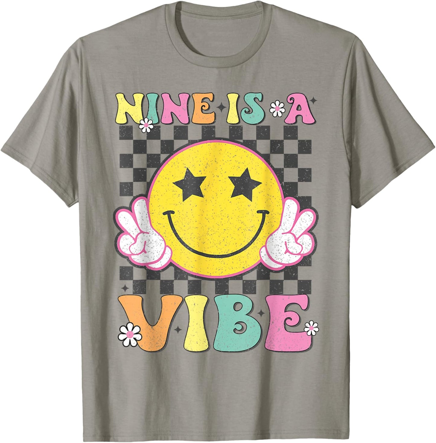Nine Is A Vibe 9th Birthday Groovy Smile Face 9 Years Old T-Shirt - T-Shirt | Sand