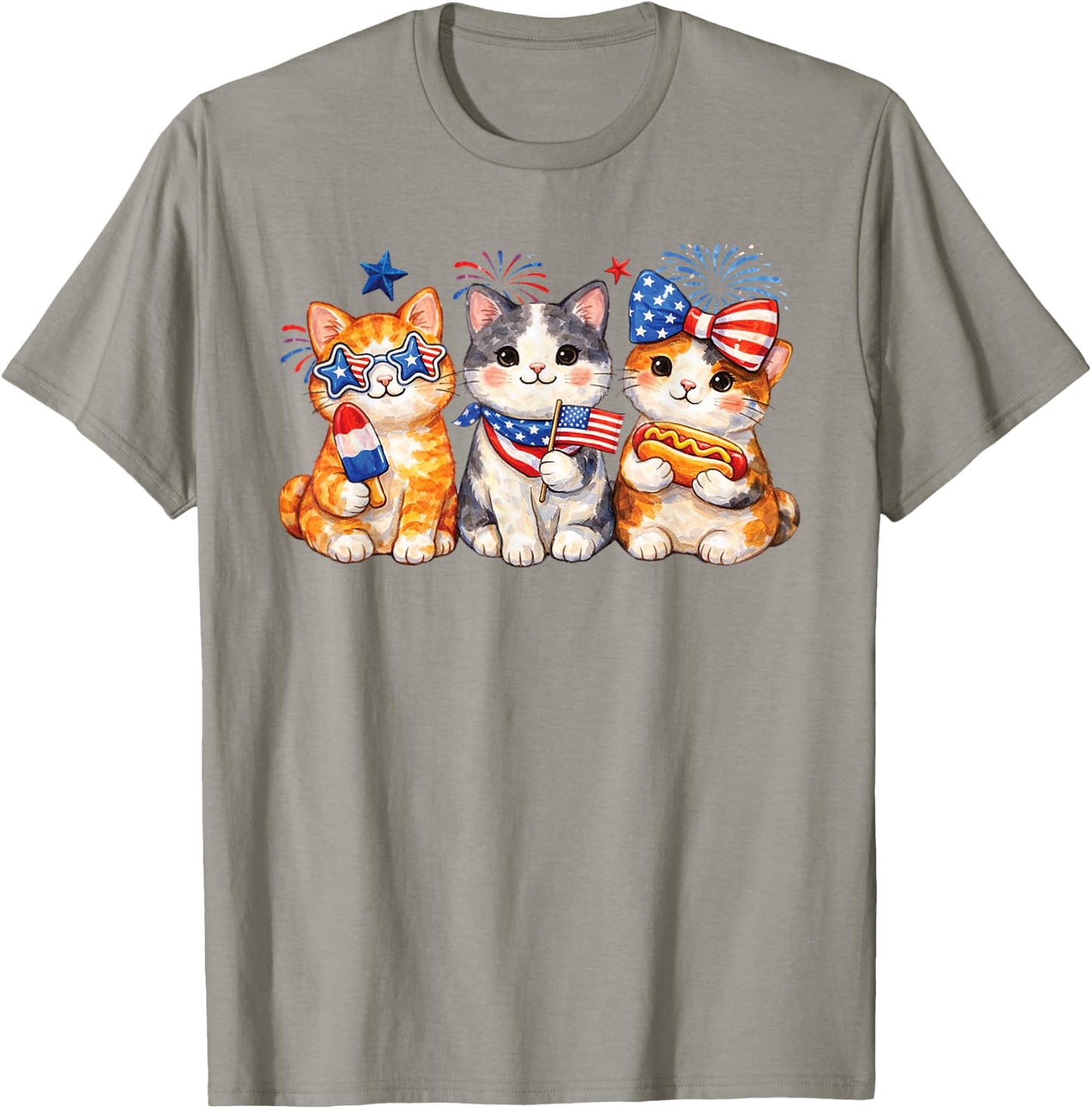 Patriotic Cat Trio Fourth of July Cute Kitten USA Graphic T-Shirt - T-Shirt | Sand
