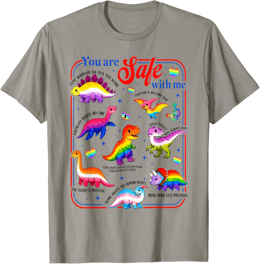 Dinosaur Rainbow You are Safe with Me LGBT Pride T-Shirt - T-Shirt | Sand