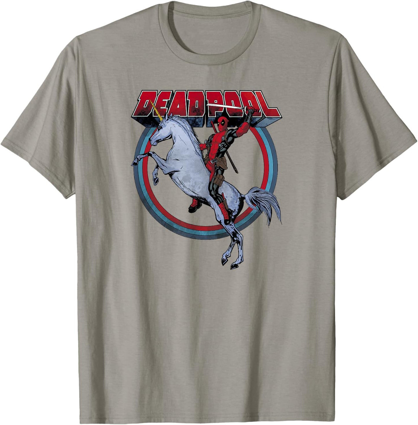Marvel Deadpool Riding A Unicorn Circle Graphic C2 T-Shirt - T-Shirt | Sand