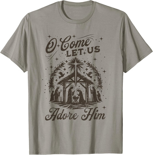 Christmas Jesus Nativity Scene O Come Let Us Adore Him T-Shirt - T-Shirt | Sand
