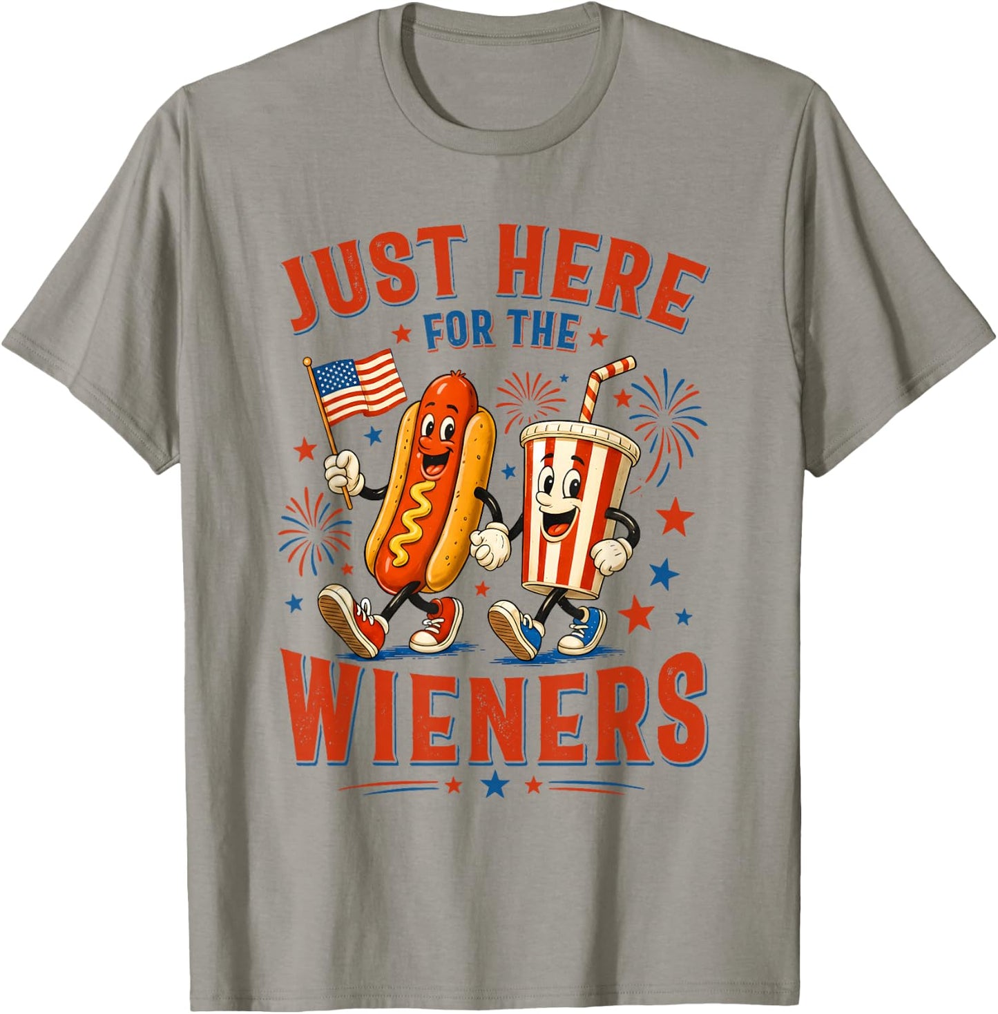 Just Here for The Wieners Funny Hot Dog 4th of July American T-Shirt - T-Shirt | Sand