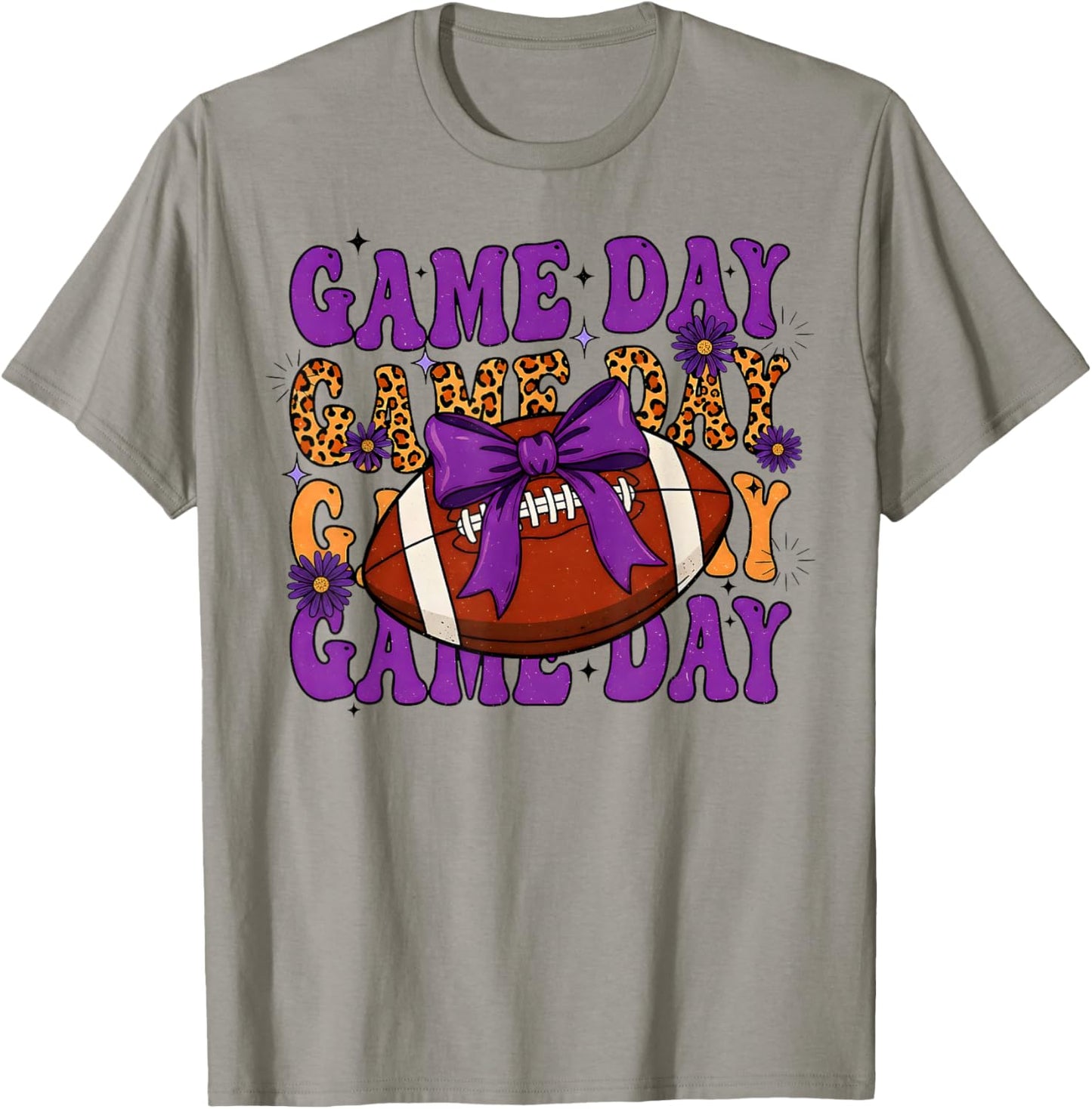 Purple Leopard Game Day Football Bow Touchdown Season T-Shirt - T-Shirt | Sand