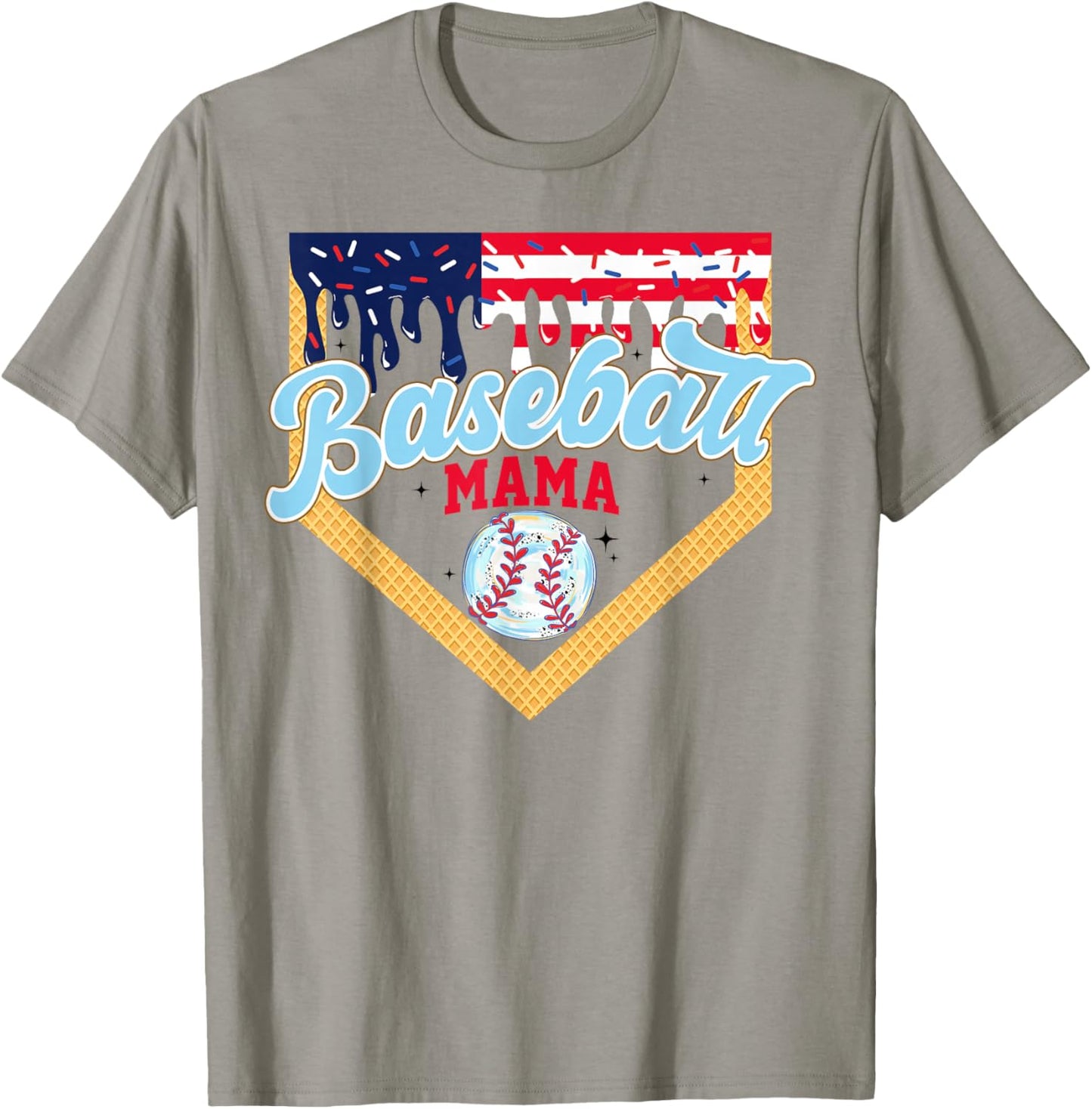Mama Baseball Ice Cream Drip Mom American Flag 4th Of July T-Shirt - T-Shirt | Sand
