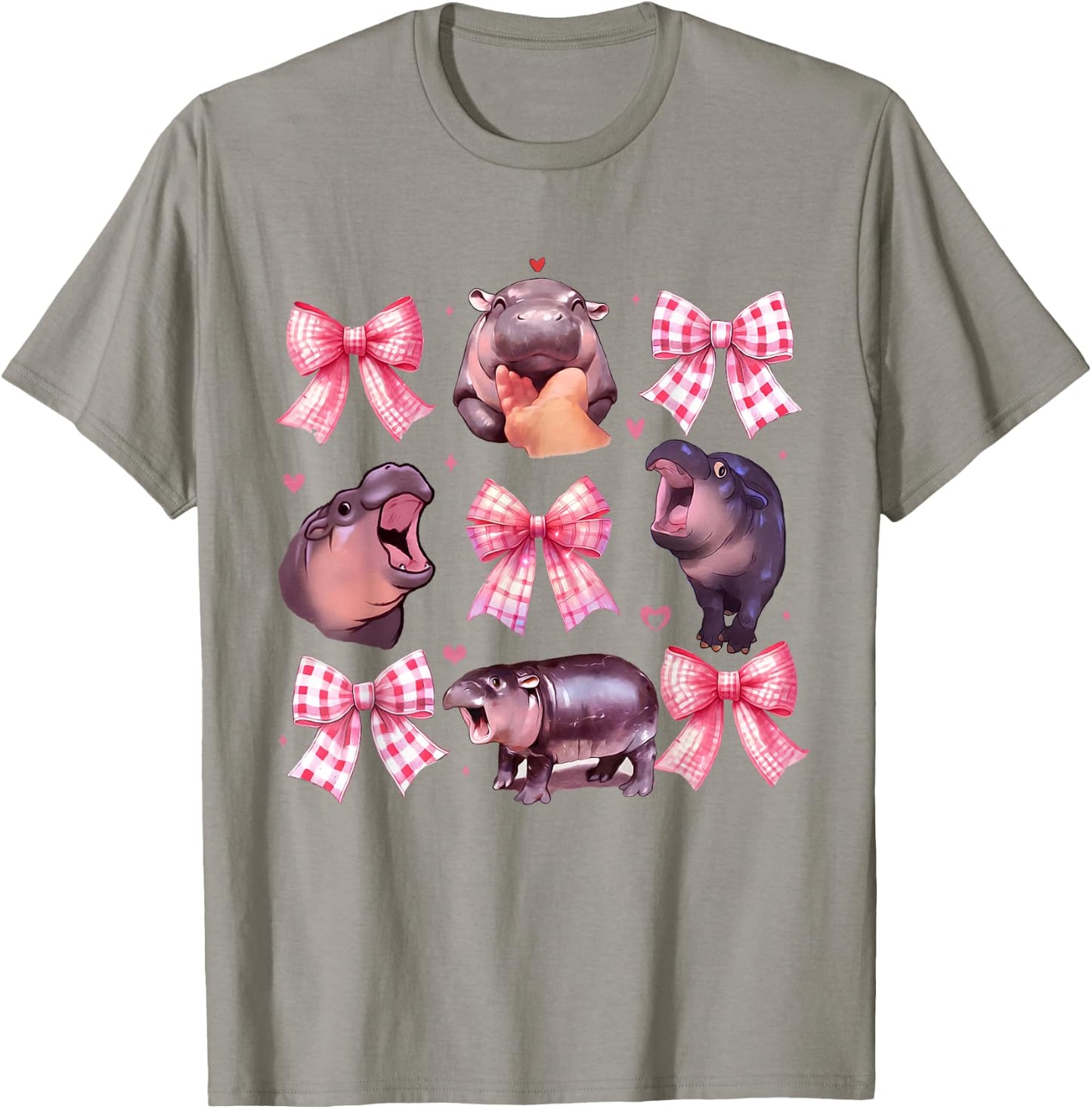 Moo Deng Baby Pink Coquette Pygmy Hippo Cute Coquette Bows T-Shirt - T-Shirt | Sand
