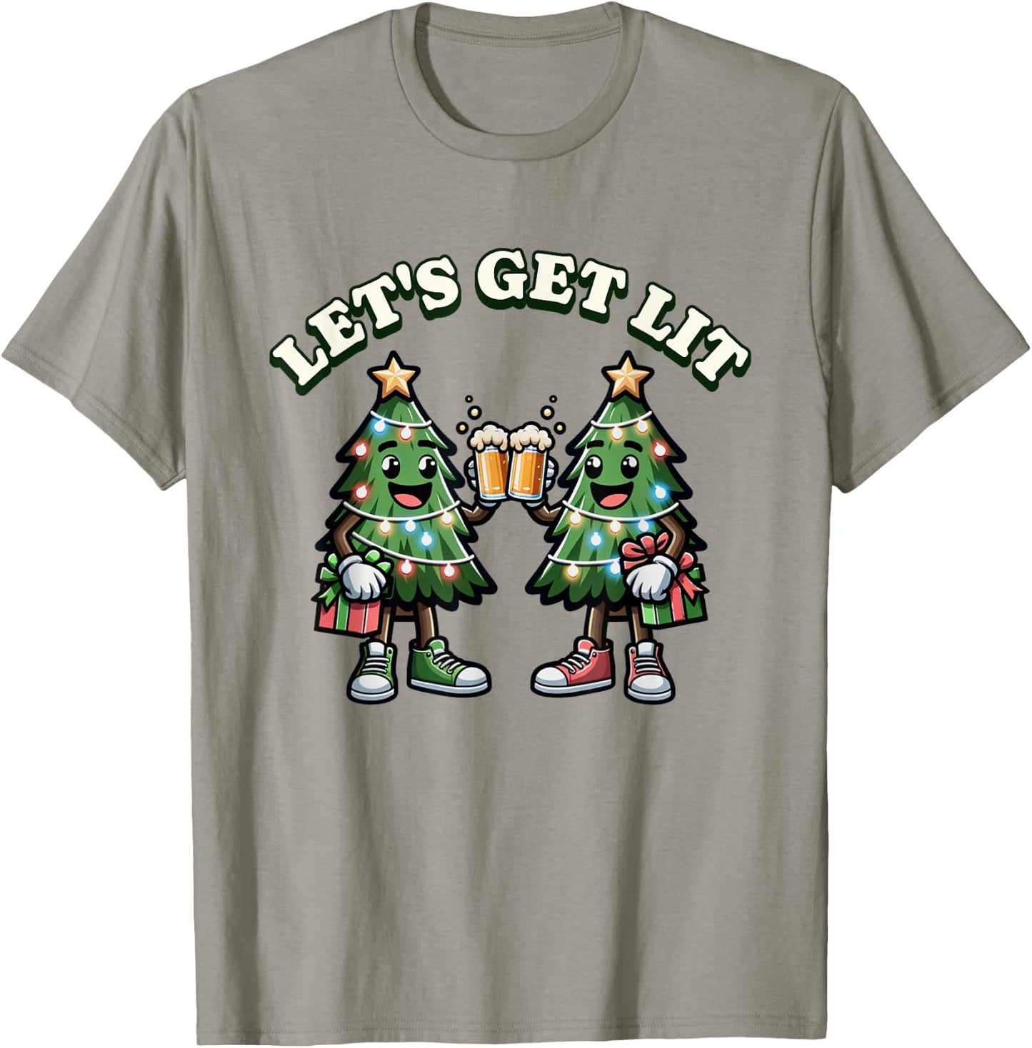 Let's get Lit - Christmas Trees Drinking Beer - Xmas T-Shirt - T-Shirt | Sand