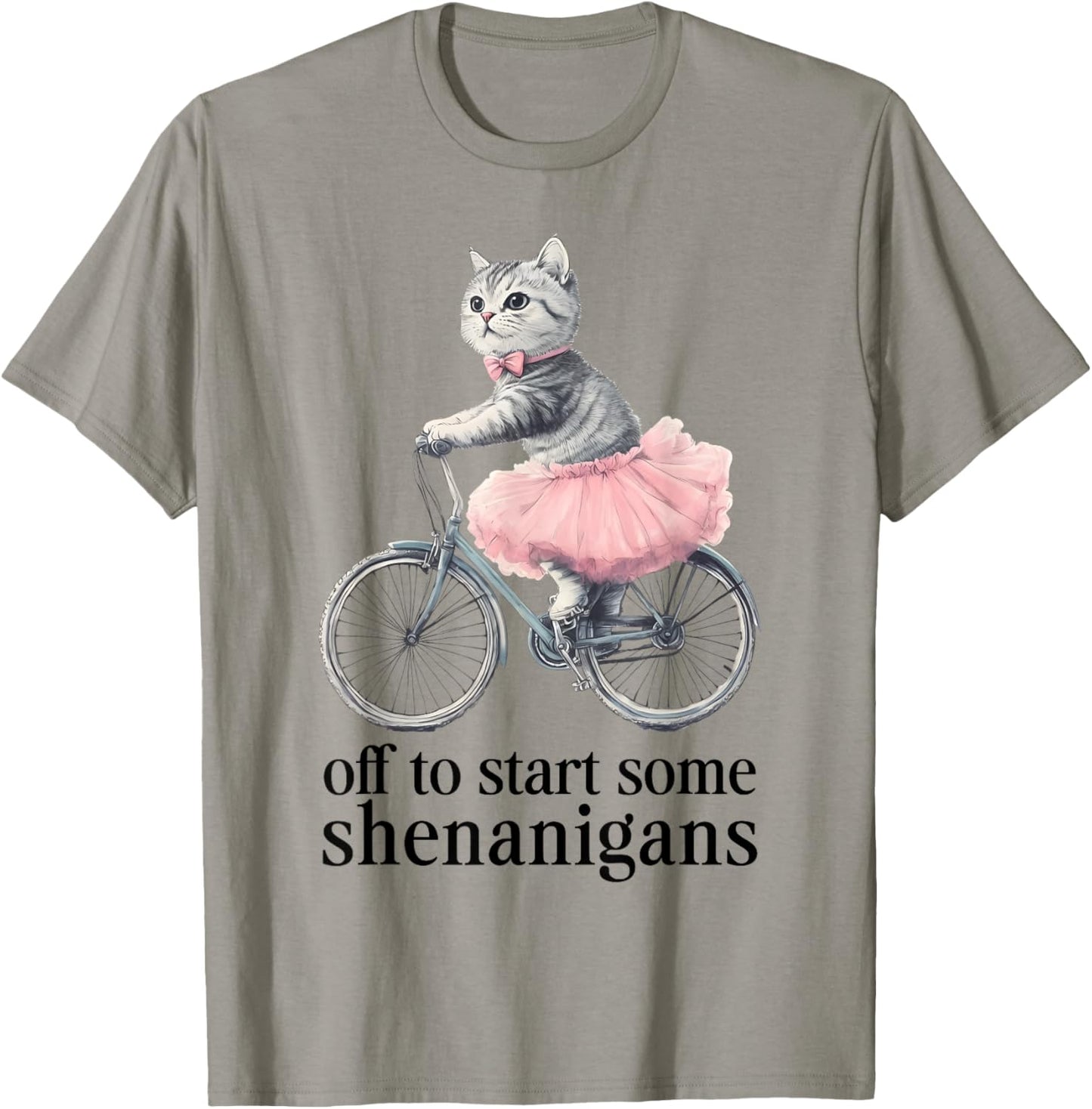 Off to Start Some Shenanigans Funny Cat Riding Bicycle Art T-Shirt - T-Shirt | Sand