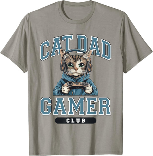 Cat Dad Gamer Club Video Games Gaming Cat Lover Him T-Shirt - T-Shirt | Sand