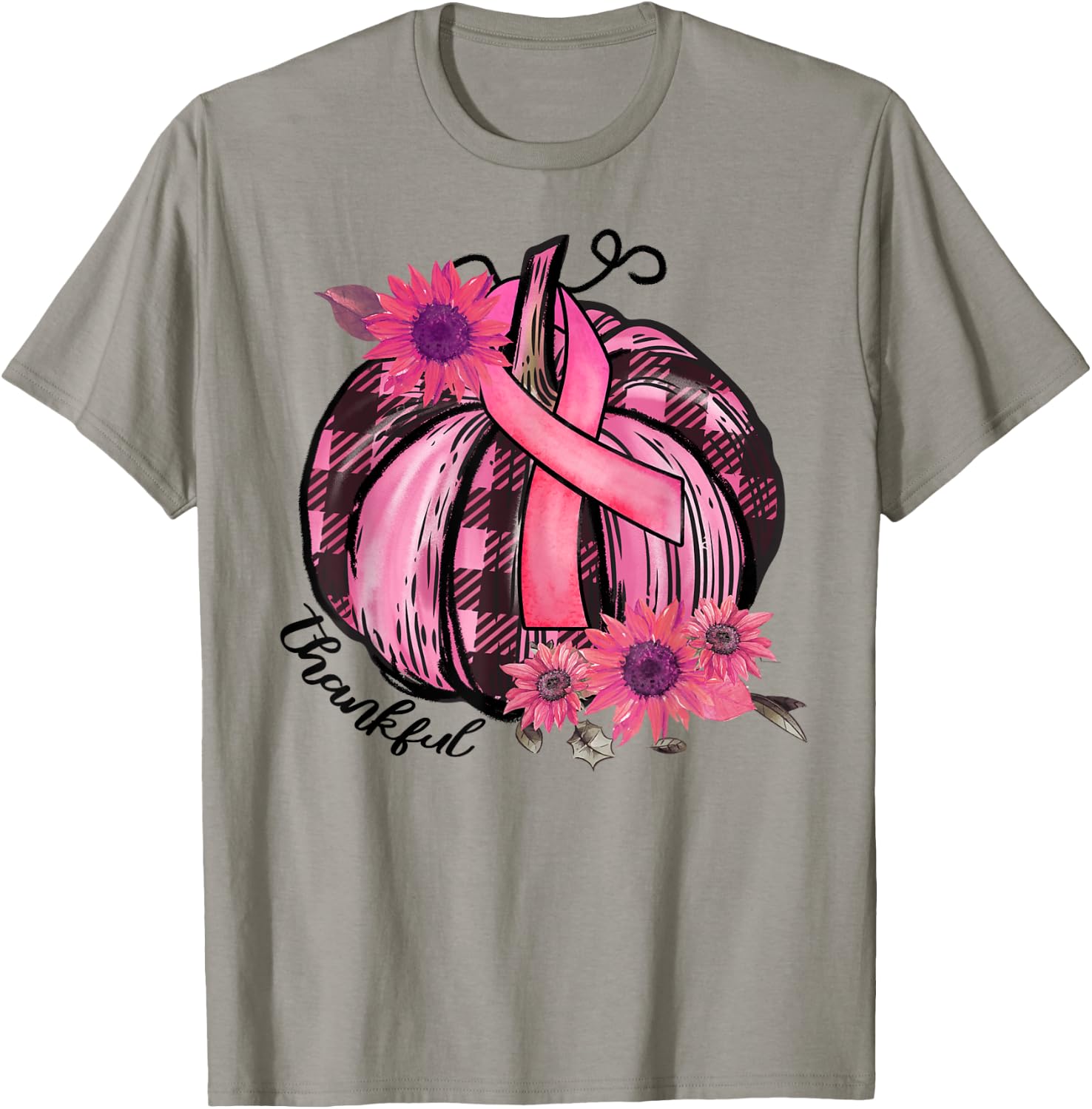 Thankful Pink Pumpkin Sunflower Breast Cancer Awareness Gift T-Shirt - T-Shirt | Sand