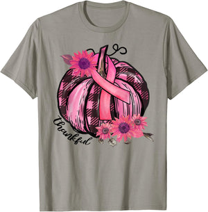 Thankful Pink Pumpkin Sunflower Breast Cancer Awareness Gift T-Shirt - T-Shirt | Sand