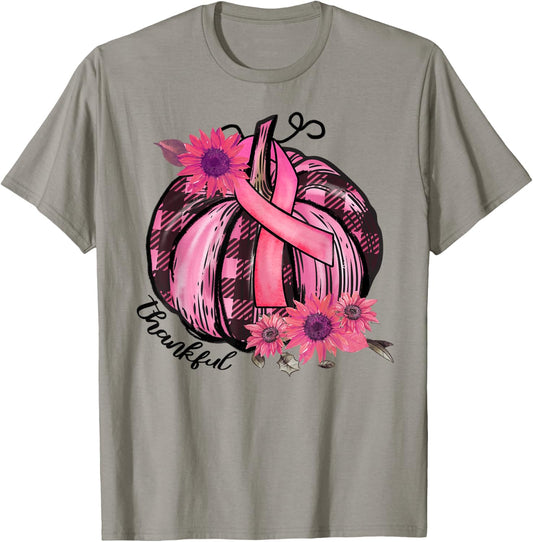 Thankful Pink Pumpkin Sunflower Breast Cancer Awareness Gift T-Shirt - T-Shirt | Sand