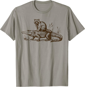 Funny Raccoon Riding an Alligator Men Women Vintage Raccoon T-Shirt - T-Shirt | Sand