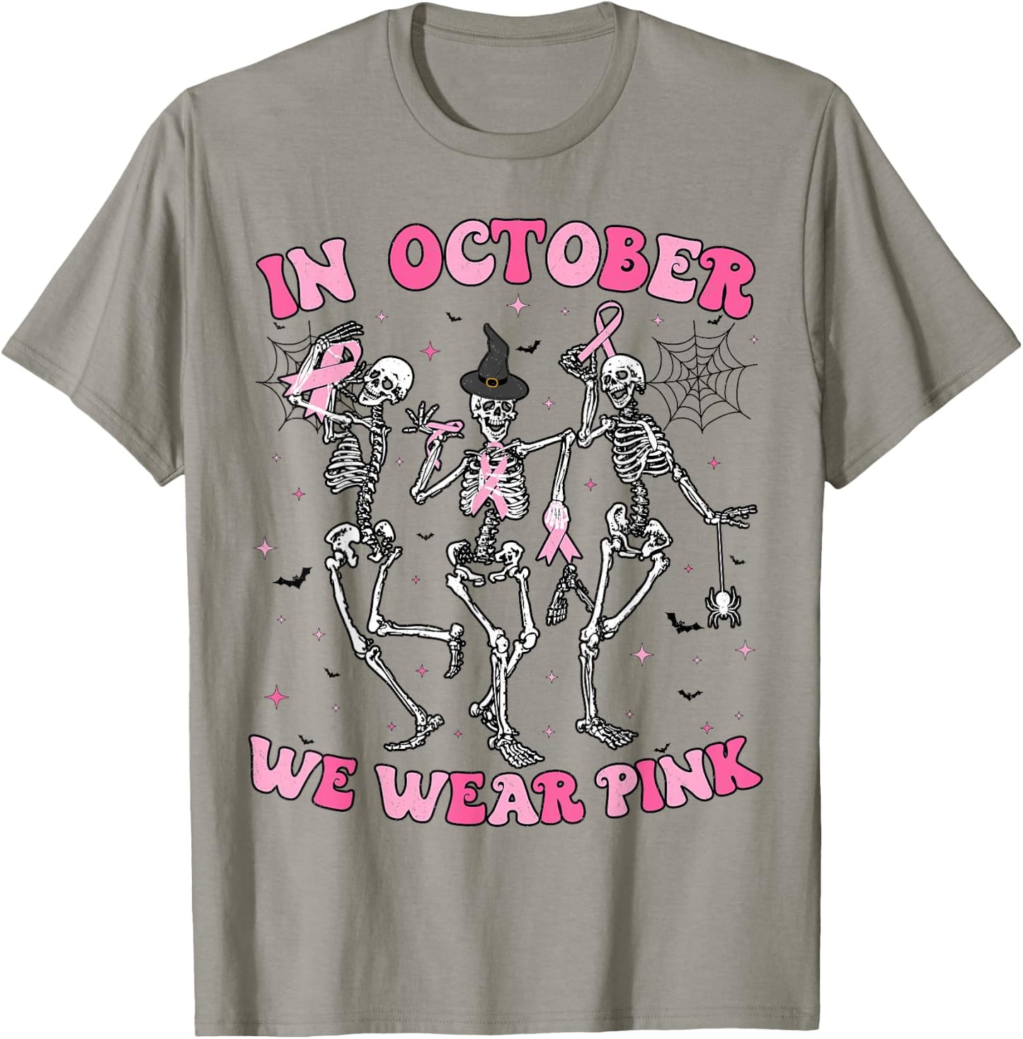 In October We Wear Pink Halloween Breast Cancer Skeleton T-Shirt - T-Shirt | Sand